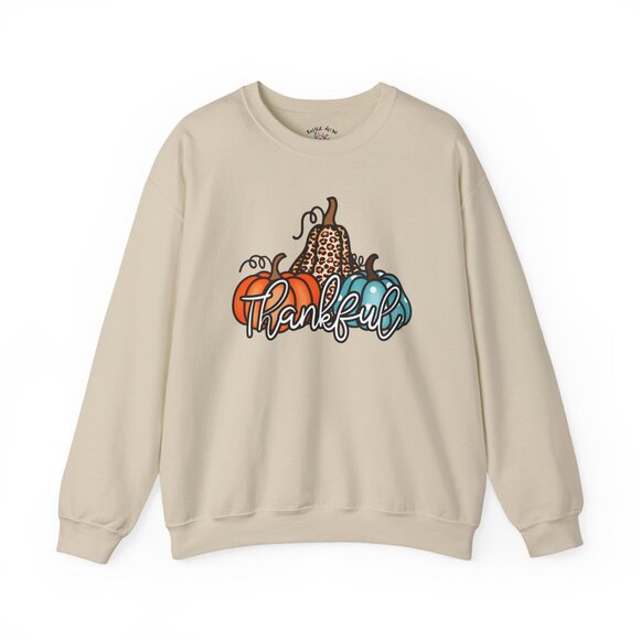 Cozy “Thankful” Fall Sweatshirt – Neutral Crewneck with Pumpkin & Leopard Print - Picture 1 of 3